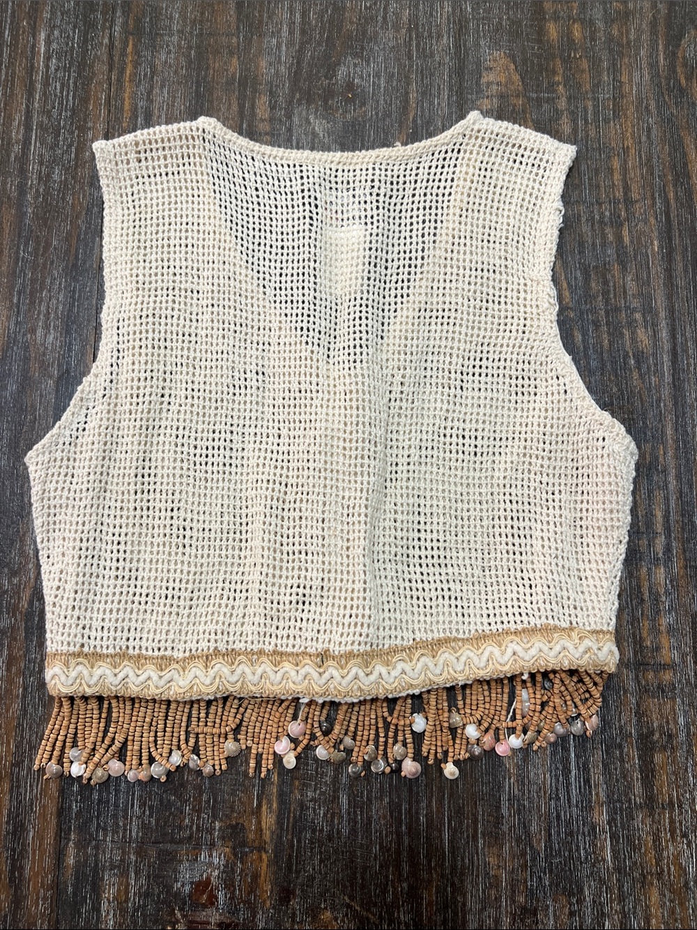Vintage Jou Jou Cream Open-Knit Crochet Vest with Beaded Accent. Boho - Picture 5 of 7